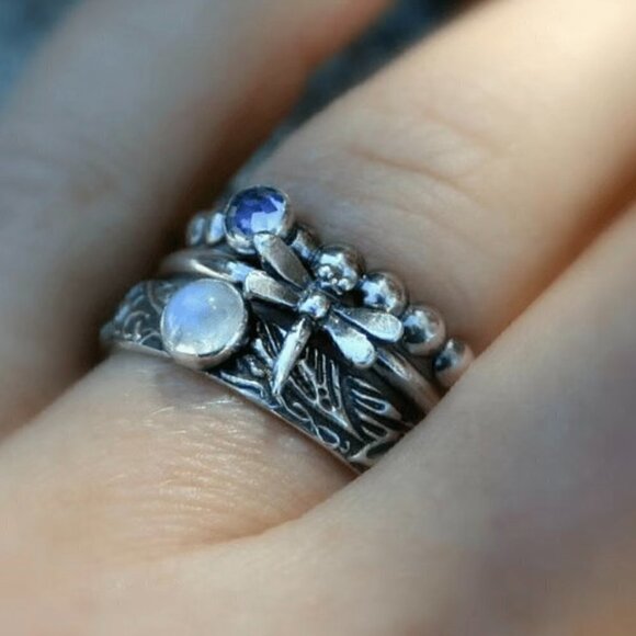 3 Layered Set Boho Dragonfly and Flower Stackable Ring #1119 - Picture 4 of 6